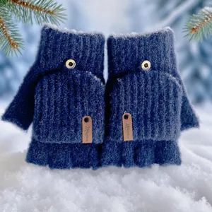 Dark blue knitted convertible half-finger winter gloves for cold weather with plush lining.