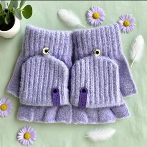 Detailed view of cute winter knit fingerless flip-top gloves in light purple with soft fleece lining.