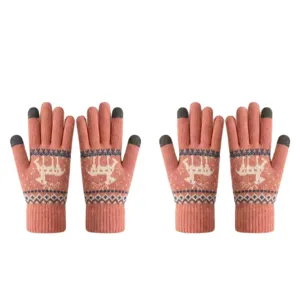 Winter touch screen knitted gloves for women, warm fleece lined cute deer pattern mittens.