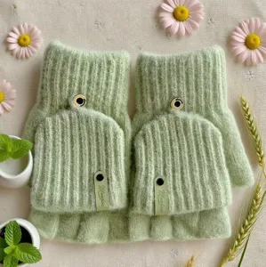 Green knitted convertible fingerless gloves for women winter warm half finger fleece lined mittens.