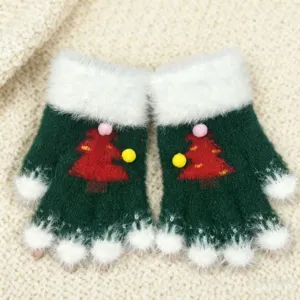 Simpatici guanti invernali lavorati a maglia con albero di Natale e pelliccia sintetica.