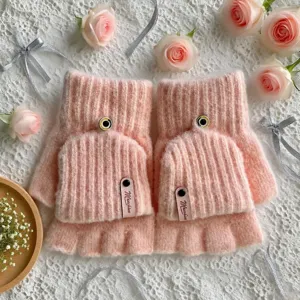 Cute pink winter knitted fingerless convertible gloves for women, warm fleece-lined design.