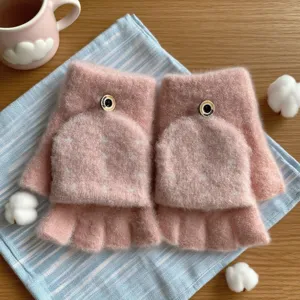 Kids Cute Cartoon Knit Flip-Top Gloves Winter Thickened Warm Thermal Half-Finger Mittens For Children Boys Girls