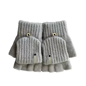Women Winter Cute Warm Knitted Half Finger Flip Gloves Fleece Lined Grey Mittens