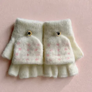 Kids cute warm winter fleece knitted convertible flip-top half-finger gloves for boys