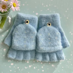 Cute fluffy winter knit flip-top gloves for kids, warm thick convertible mittens blue.