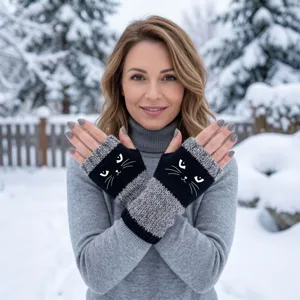 Gemütliche Strick-Fingerlose Handschuhe mit Katzen-Stickerei, stilvolle Winter-Wärme.