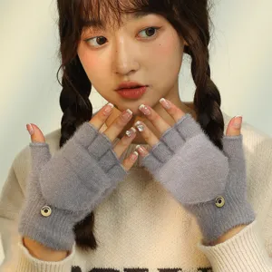 Women Winter Warm Half Finger Flip Cover Knit Gloves Solid Color Thickened Convertible Fingerless Gloves