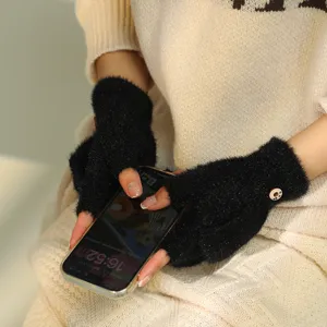 Women winter warm half-finger fuzzy knit gloves black stylish winter cold-proof gloves