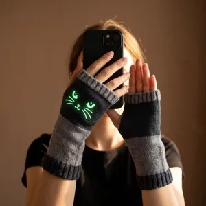 Strick Fingerlos Handschuhe Damen, warme Winter Handwärmer mit niedlichem Katzen Gesicht.