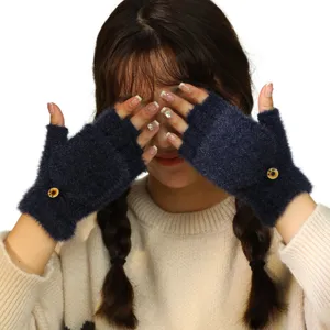 Women winter warm half finger knit gloves dark blue cozy thick convertible mittens main