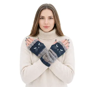 Damen Winter warme Strick fingerlose Handschuhe mit Katzen Stickerei stilvolles Design Main.
