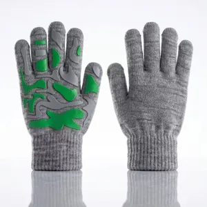 Kids winter warm knit gloves, grey anti-slip silicone palm pattern, thick thermal student gloves.