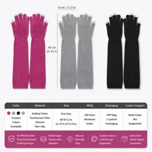Long touchscreen sun protection gloves with anti-slip silicone and breathable knit fabric.