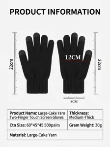 Schwarze Winter Touchscreen Strickhandschuhe Detailansicht mit Maßen und Produktdetails.