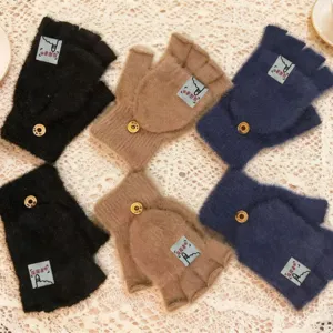 Women Winter Flip-Top Half-Finger Plush Gloves Thickened Warm Knitted Mittens Pair