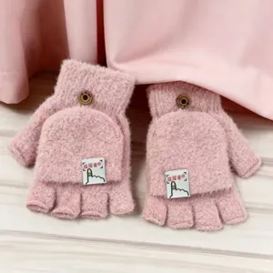 Pink knit half-finger convertible gloves fluffy winter warm mittens for women students