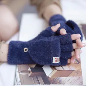 Winter Warm Knit Plush Half Finger Flip Cover Gloves Cute Deer Antler Thickened Cold Weather Gloves For Women Men