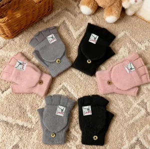 Winter convertible half-finger knitted gloves, warm faux mink fur flip cover mittens.