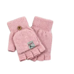 Winter women pink knit convertible half finger gloves fuzzy plush flip top warm gloves sweet