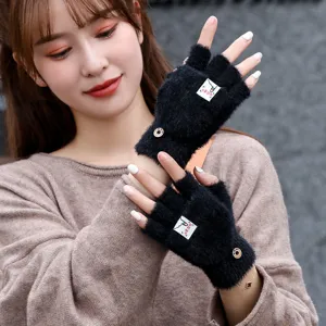 Winter Thickened Faux Mink Fur Half Finger Flip Gloves Warm Knitted Convertible Mittens For Daily Students Outdoor Wear