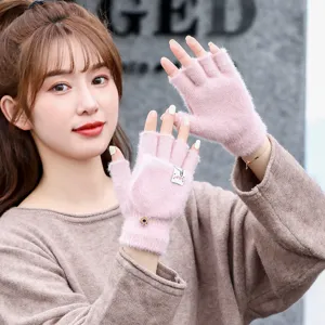 Women winter plush half-finger flip convertible knit warm gloves cute pink student writing