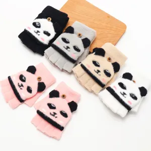 Gants demi-doigts pliants en peluche panda mignons pour enfants, gants d'hiver chauds en tricot.