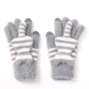 Guanti touch screen in peluche caldi invernali da donna, simpatico design a righe, morbidi.