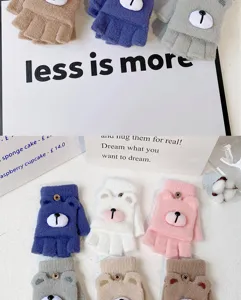 Cute bear knit half finger gloves winter warm convertible mittens for women daily wear.