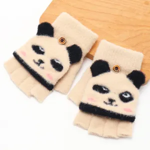 Gants d'hiver pour enfants en peluche tricotée demi-doigts mignon dessin animé panda neuf
