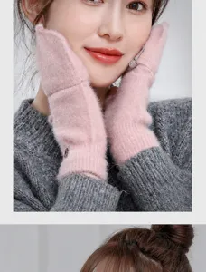 Women men winter warm plush half-finger flip convertible knit gloves pink soft cozy mittens