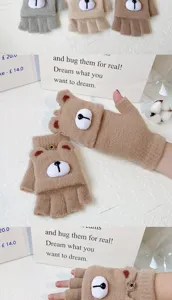 Cute winter warm knit flip half finger gloves for women with adorable plush bear design.