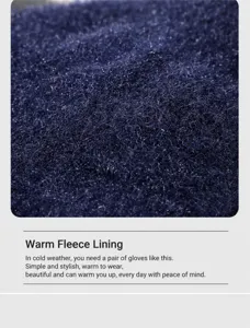 Close-up view of dark blue plush knit fabric texture for winter warm half-finger gloves.