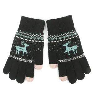 Winter thick touch screen knit gloves with cute deer pattern and warm fleece lining details