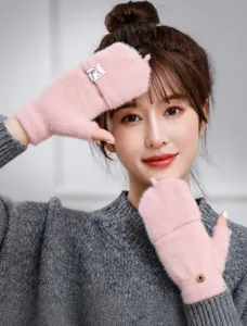 Winter warm half-finger flip convertible knit gloves for women and men, pink fluffy style.