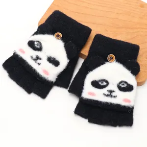 Gants demi-doigts pliables en peluche panda mignon pour enfants, vêtements d'hiver chauds.