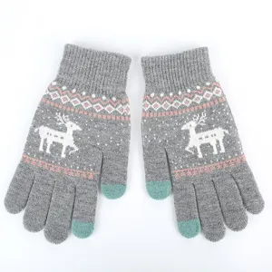 Close-up detail of winter warm knitted touch screen gloves featuring cute deer jacquard pattern.