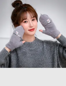 Grey plush half-finger flip gloves winter warm soft cozy convertible mittens for daily wear