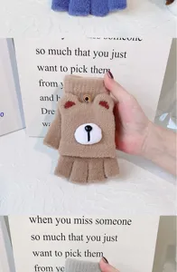 Winter warm plush half finger flip gloves cute cartoon bear design for women office wear detail