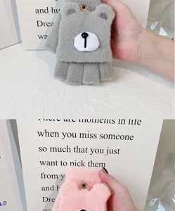 Women winter warm knit half finger flip cover cute bear gloves office comfortable soft mittens