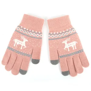 Winter touch screen knit gloves with cute deer pattern, warm plush pink gloves for women.