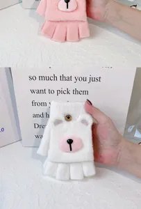 Women winter warm plush half finger flip cartoon bear gloves cute knitted warm mittens