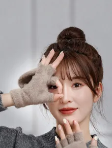 Winter plush convertible half-finger gloves, warm thick fleece knit design for cold weather.