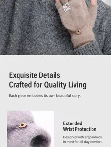Detail view of winter warm half finger knit gloves showing plush texture and flip cover.