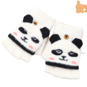 Mignons gants tricotés demi-doigts chauds en peluche pour enfants panda dessin animé.