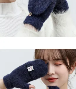 Winter warm knitted plush flip half-finger gloves for women stylish cold proof wear.