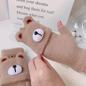 Women Winter Thickened Mink Fleece Half-Finger Flip-Cover Cartoon Bear Gloves Office Warm Gloves