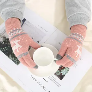 Winter plush lined deer jacquard touch screen gloves detail view, warm knitted design.
