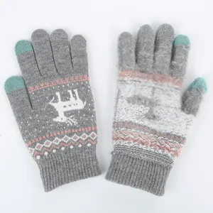 Winter fleece lined deer jacquard touch screen gloves detail, grey warm split finger knit mittens.