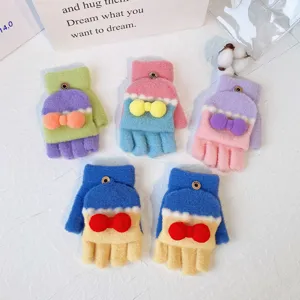 Dames Winter Warme Gebreide Handschoenen Schattige Strik Kattenklauw Flip Cover Half Vinger Verdikte Fleece Wanten